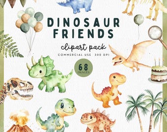 Clipart amis dinosaure mignon, aquarelle Dino PNGs, graphiques d'Invitation d'anniversaire bébé dinosaure, utilisation commerciale Templett, téléchargement numérique