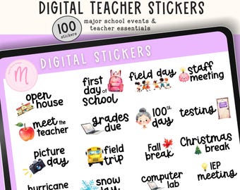 Goodnotes Teacher Stickers | 100 Cute Back to School PNG Stickers | Digital Planner Stickers for iPad & Notability | Instant Download Pack