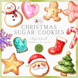May include: Watercolor illustrations of Christmas sugar cookies in various shapes, including a snowman, heart, gingerbread man, star, snowflake, mitten, stocking, candy cane, Santa, and Christmas tree. The text "CHRISTMAS SUGAR COOKIES clipart pack" is also included.