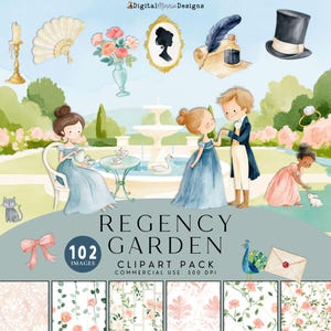 May include: A digital clipart collection titled Regency Garden featuring watercolor illustrations of people in period clothing, a fountain, a swan, a cat, a rabbit, a peacock, a top hat, a fan, a candle, flowers, and floral patterns.
