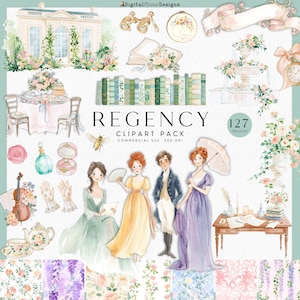May include: Watercolor clipart pack with a Regency theme. The image features illustrations of people in period clothing, books, flowers, and architectural elements. The text "REGENCY CLIPART PACK" is displayed prominently.