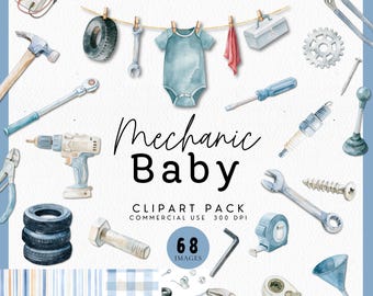 Car Mechanic Baby Clothesline Clipart Baby Shower Invitation, Blue Tool PNG, Handyman Toolbox, Hammer Screwdriver, Wrench, Gear Seamless