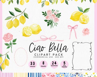 Ciao Baby Zitrone Clipart für Babypartyeinladungen, Italienische Babyparty PNG, Ciao Bella Bambino Pack für Kreative, Mittelmeer-Amalfi