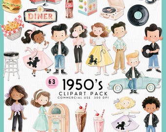 Niedliche 50er Jahre Retro Grafiken für Kinder, 50er Jahre Retro Grafiken für Sock Hop Party, Schallplatte, Retro Diner, Jukebox, Pudelrock, Fifties Diner