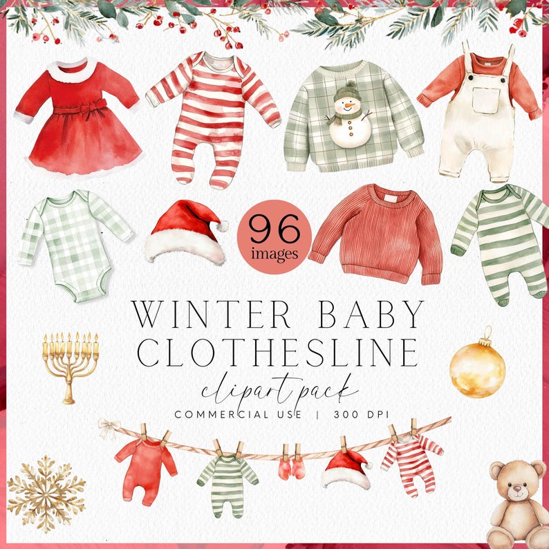 Christmas Baby Clothesline Clipart, My First Christmas, Baby's First Christmas New Baby Clipart,Winter Baby Clothes Line Baby Shower Clipart image 1