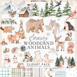 Op de afbeelding: Een digitale clipart-collectie met aquarelillustraties van besneeuwde bosdieren, een blokhut, bergen en dennenbomen. De tekst luidt Snowy WOODLAND ANIMALS 87 IMAGES, COMMERCIAL USE 300 DPI en Digital Minnie Designs.