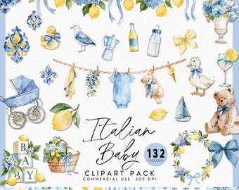 Italienische Baby Shower Clipart, blaue und gelbe Wäscheleine, Amalfi Grandmillenial Florals mit Zitronen, Ciao Baby PNG, mediterraner Kindergarten,