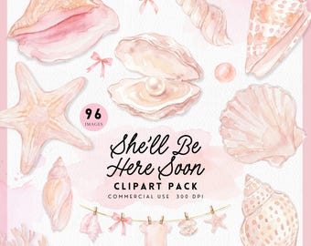 Sie wird hier bald sein Baby Shower Clipart für Einladungen, Meer Sie bald Baby Mädchen, rosa Muschel PNGs Königin Conch, Austernperle, Muschel, Strand