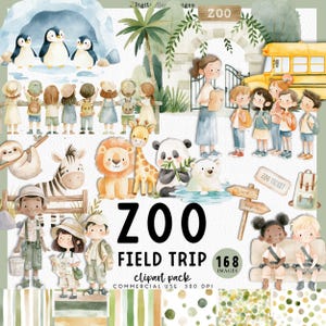 Imágenes prediseñadas de excursión al zoológico para maestros y educación en el hogar, invitación de cumpleaños al zoológico, álbum de recortes de excursión al zoológico para niños y familias, escena de animales del zoológico en formato PNG, pegatina digital.