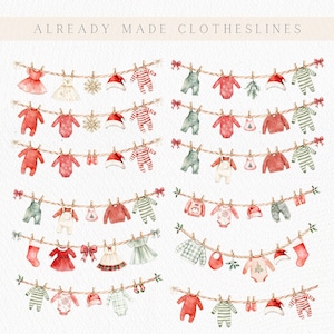 May include: Watercolor illustration of baby clothes hanging on clotheslines. The clothes include dresses, onesies, overalls, sweaters, hats, and socks in red, green, and white. The text "ALREADY MADE CLOTHESLINES" is at the top.