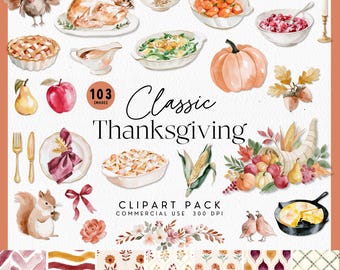 Watercolor Thanksgiving Food Clipart, Thanksgiving Dinner Table Graphics, Give Thanks Invitation, Friendsgiving Invite, Turkey Meal, Pie