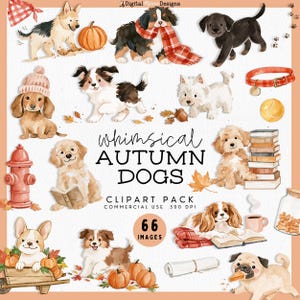 Puede incluir: Una colección de imágenes prediseñadas digitales con ilustraciones en acuarela de varias razas de perros, calabazas, hojas de otoño, libros, un hidrante rojo, una bufanda a cuadros, un collar, una pelota y un frasco de premios.