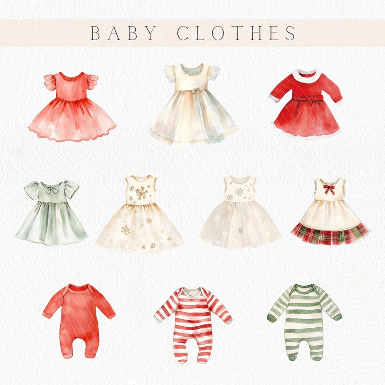 May include: Watercolor illustration of baby clothes, including dresses and onesies. The dresses are in various colors, such as red, white, and green, with decorative elements like bows and snowflakes. The text "BABY CLOTHES" is at the top.