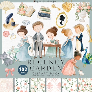 May include: A digital clipart collection titled Regency Garden featuring watercolor illustrations of people in period clothing, books, a peacock, a cat, a rabbit, floral arrangements, a gold key, a heart locket, and decorative patterns.