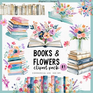 Może przedstawiać: Cyfrowy pakiet clipartów zatytułowany "Books & Flowers" z akwarelowymi ilustracjami. Obraz zawiera stosy książek, otwarte książki z kompozycjami kwiatowymi i pojedyncze kwiaty. Paleta kolorów obejmuje róż, niebieski, pomarańczowy i fioletowy.