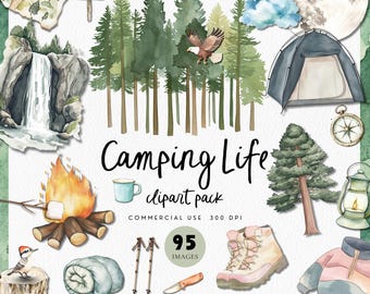 Camping Watercolor Clipart Hiking PNGs, Outdoorsy Graphics, Nature Lover, Giant Sequoia Tree,  Kids Birthday Invitation One Happy Camper