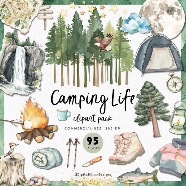 Camping Watercolor Clipart Hiking PNGs, Outdoorsy Graphics, Nature Lover, Giant Sequoia Tree,  Kids Birthday Invitation One Happy Camper