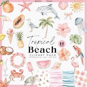 May include: A digital clipart collection featuring watercolour illustrations of tropical beach elements including a dolphin, sea turtle, crab, seagull, parrot, jellyfish, palm tree, hibiscus flowers, fruits, seashells, ice cream, and striped patterns.