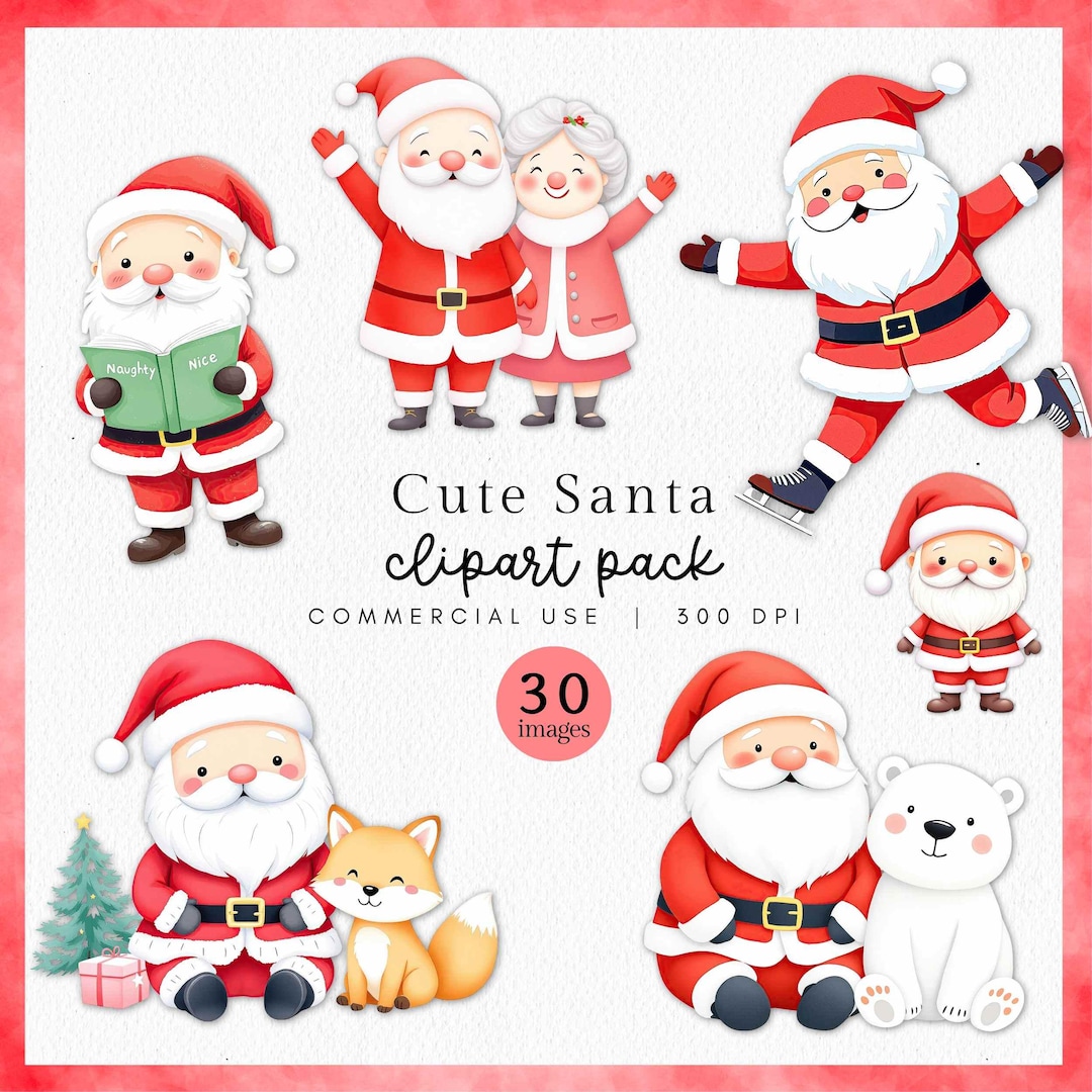 Cute Santa Christmas Clipart Bundle, Kawaii Santa PNG, Cute Santa Claus ...