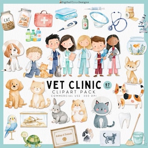 May include: A digital clipart collection featuring watercolour illustrations of veterinarians, various animals including dogs, cats, a rabbit, a hamster, a turtle, and a bird, plus medical equipment like stethoscopes, jars, and a microscope.