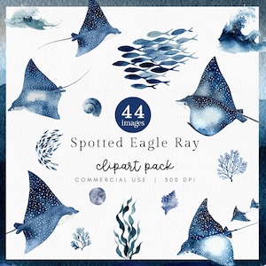 May include: Watercolor clipart pack featuring spotted eagle rays, fish, and marine elements in shades of blue. The text reads "Spotted Eagle Ray clipart pack" with "44 images" in a circle.