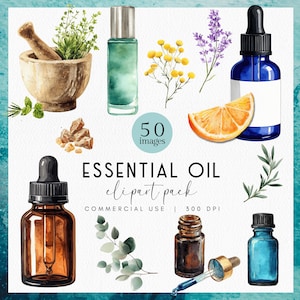 Clipart de aceites esenciales de acuarela, frascos con gotero, elementos de meditación, gráficos de spa, etiquetas de aromaterapia, marca de herbolario, holístico
