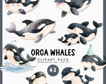 Süßer Orca Wal Clipart für Kinder und Babyparty-Kinderzimmer-Kunst, Schwertwal-Grafik, Kawaii Orca-Mutter und Baby, Orca-Geburtstagsfeier