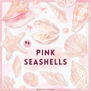 Puede incluir: Ilustración en acuarela de conchas marinas rosas, estrellas de mar, perlas y corales. El texto "PINK SEASHELLS" se muestra en rosa oscuro. La imagen también incluye el texto "96 IMAGES".