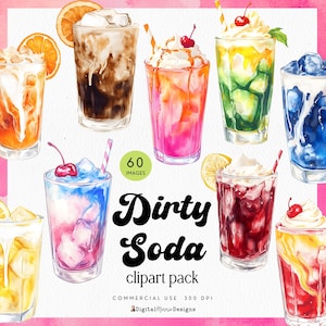 Könnte beinhalten: Aquarellillustration verschiedener bunter Sodagetränke mit Schlagsahne, Kirschen und Orangenscheiben. Das Bild enthält den Text "Dirty Soda clipart pack" und "60 images".