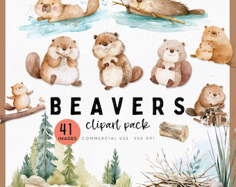 Cute Watercolor Beavers Clipart, Beavers Swimming Slapping Tail Building a Dam Lodge Clipart, Beavers in River Creek, Mom and Baby Beaver