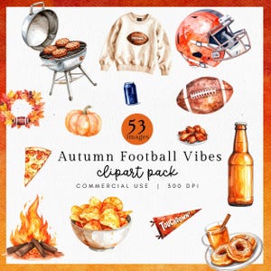 May include: Watercolor clipart pack with an autumn football theme. Includes a football, helmet, grill, food, and a sweatshirt with a football graphic. The text "Autumn Football Vibes" is also included.