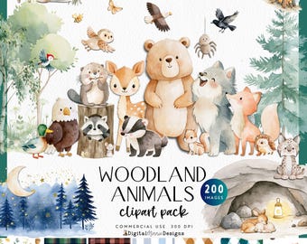 Aquarell Waldtier Clipart für Baby-Dusche-Geburtstags-Einladungen, niedliche Bergwald-Babys Kinderzimmer Dekor PNGs, kariert nahtlos