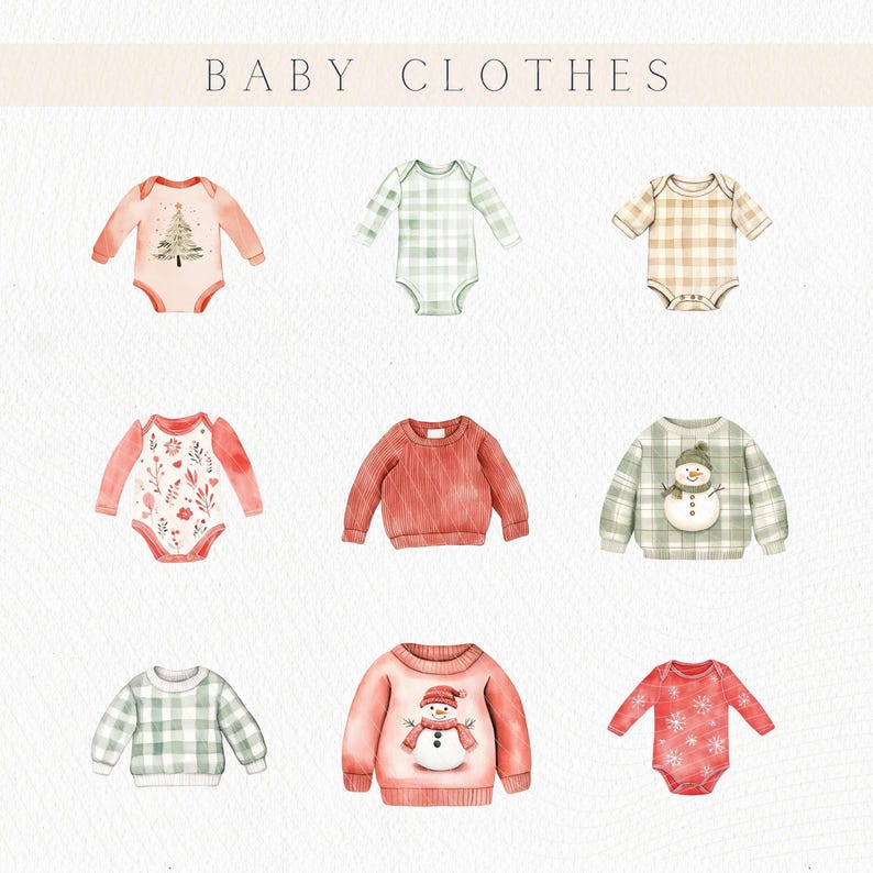 May include: Watercolor illustration of baby clothes, including bodysuits and sweaters. The bodysuits feature designs like a Christmas tree, floral patterns, and snowflakes. Sweaters display a snowman and plaid patterns. The text "BABY CLOTHES" is at the top.