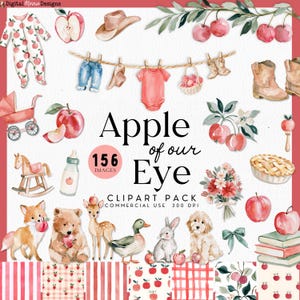 Puede incluir: Una colección de imágenes prediseñadas digitales titulada Apple of our Eye con ilustraciones en acuarela de manzanas, ropa de bebé, cochecito, caballito de madera, biberón, animales del bosque, cachorro, tarta, flores y cuadros.