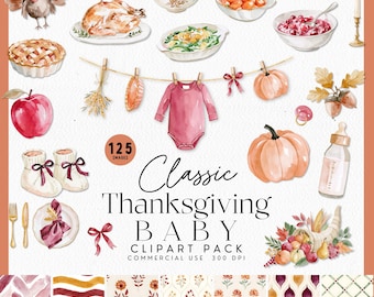 Watercolor Thanksgiving Baby Clothesline Clipart, My First Thanksgiving Dinner Table Graphics, A Little Turkey Is On The Way Graphics