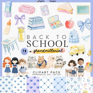 May include: A digital clipart collection featuring watercolor school-themed illustrations including alphabet blocks, books, a school bus, a desk, stationery, animals, and children. The text reads BACK TO SCHOOL grandmillenial CLIPART PACK.