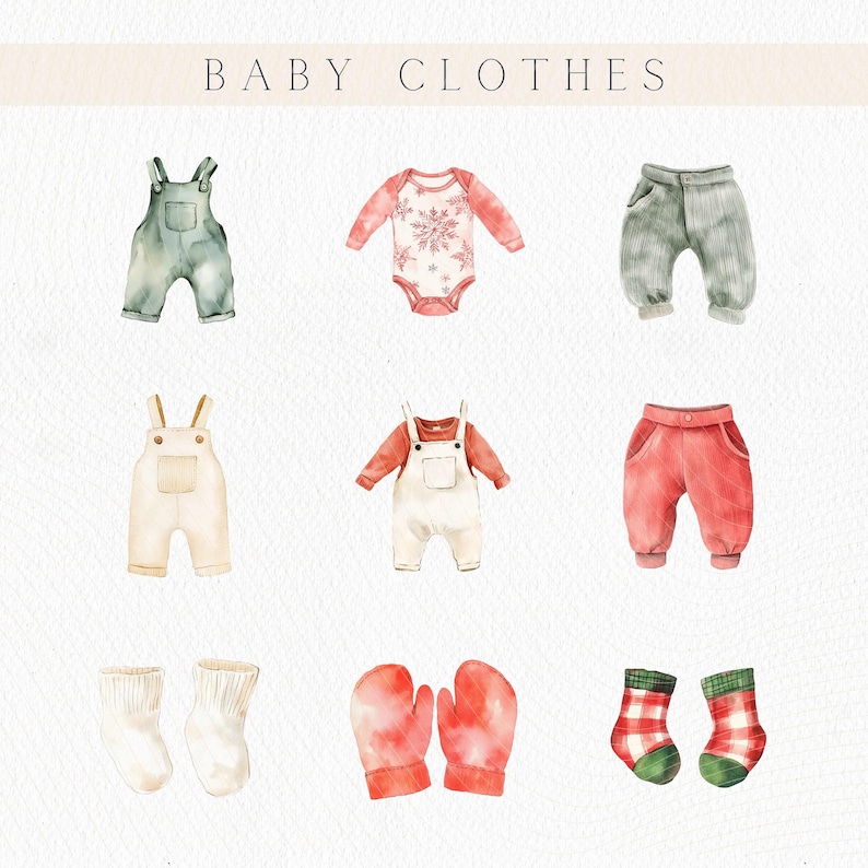 May include: Watercolor illustration of baby clothes, including overalls, a onesie with a snowflake design, pants, socks, and mittens. The text "BABY CLOTHES" is at the top. The color palette is soft, with pastel shades of green, pink, and white.