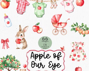 Apfel unseres Auges Baby Dusche Clipart, Aquarell Clipart, Babyparty einladen, Baby Wäscheleine, kommerzielle Nutzung, Babykleidung Clipart