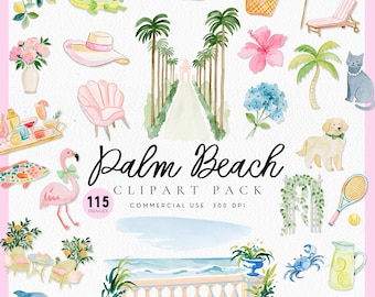 Watercolor Palm Beach Florida Clipart, Preppy Grandmillenial Coastal Life in Florida PNG, Hamptons, East Coast, Miami, Keys, Beach Vacation