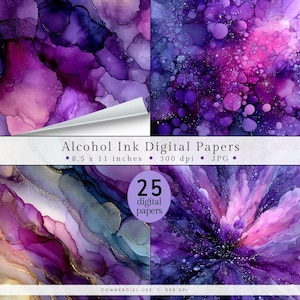 May include: A collection of 25 digital papers featuring abstract alcohol ink designs in shades of purple, pink, and gold. The papers are 8.5 x 11 inches and 300 dpi. The image includes the text "Alcohol Ink Digital Papers" and "25 digital papers".