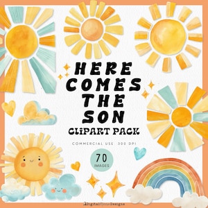 May include: A digital clipart pack with watercolour illustrations of suns, clouds, hearts, stars, and a rainbow. The text "HERE COMES THE SON CLIPART PACK" is displayed in black. Includes 70 images for commercial use.