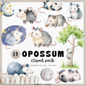 May include: A set of 25 watercolour opossum clipart images. The opossums are shown in different poses, such as climbing a tree, eating, and sleeping. The images include a moon, stars, and a small fence. The text reads "OPOSSUM clipart pack".