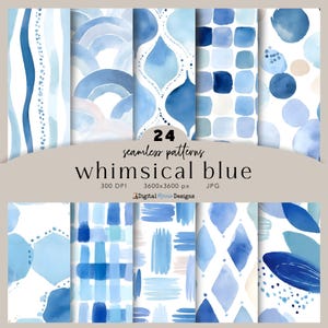 May include: A collection of 24 seamless digital patterns featuring various blue watercolor designs including stripes, arches, geometric shapes, squares, dots, and brush strokes on a white background with the text 24 seamless patterns whimsical blue.