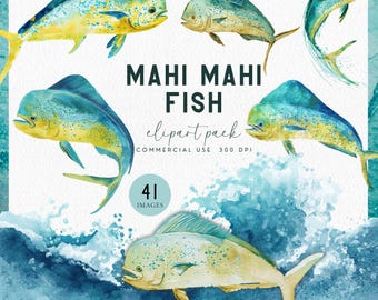 Mahi Mahi Fisch Clipart für Angelturnier, Segelboot-Logo, Fischen-Kinderzimmer-Kunst, Segelboot-Fischerboot-Grafik, Aquarell Delphin