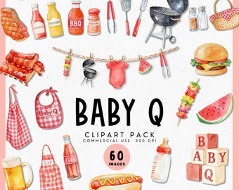 Baby Q Clipart für Grill-Babyparty-Einladung, Baby-Q-Wäscheleine PNG, Backyard BBQ-Einladung Grafiken, Kochen Baby-Dusche-Dekor, Grill