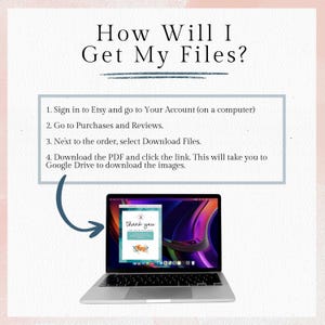 May include: A laptop displays a "thank you" card with floral accents. The image includes instructions: "How Will I Get My Files?" followed by steps to download files from Etsy and Google Drive. The background is a soft pink and white.
