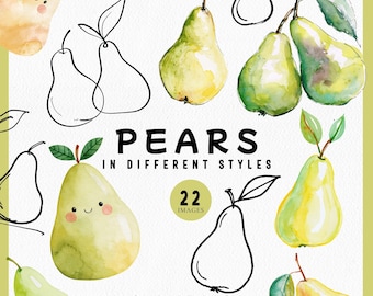 Watercolor Pears Clipart, Black and White Line Art Pear SVG, She Found Her Perfect Pear PNGs for Invitations, Cute Kawaii Pear Fruit