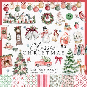 May include: A digital collection of 75 watercolour Christmas-themed illustrations including ornaments, a village, a wreath, ice skates, a snowman, a lantern, Santa Claus, a snow globe, a train, a fireplace, a tree, a truck, and a deer with text.