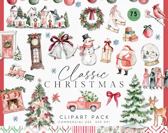 Classic Christmas Clipart, Watercolor Red Winter Holiday Graphics for Invitation, Santa Snowman, Christmas Tree Seamless Pattern Scrapbook