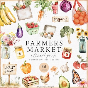 Könnte beinhalten: Aquarell-Illustration zum Thema Bauernmarkt. Es zeigt eine Vielzahl von Obst, Gemüse und verwandten Artikeln wie Eiern, Honig und Blumen. Der Text "Farmers Market Clipart Pack" ist enthalten.